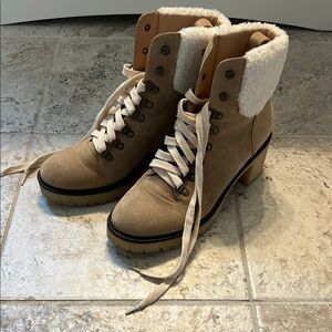 Mi.iM Tan and Cream Lace Up Boots with Cozy Sherpa